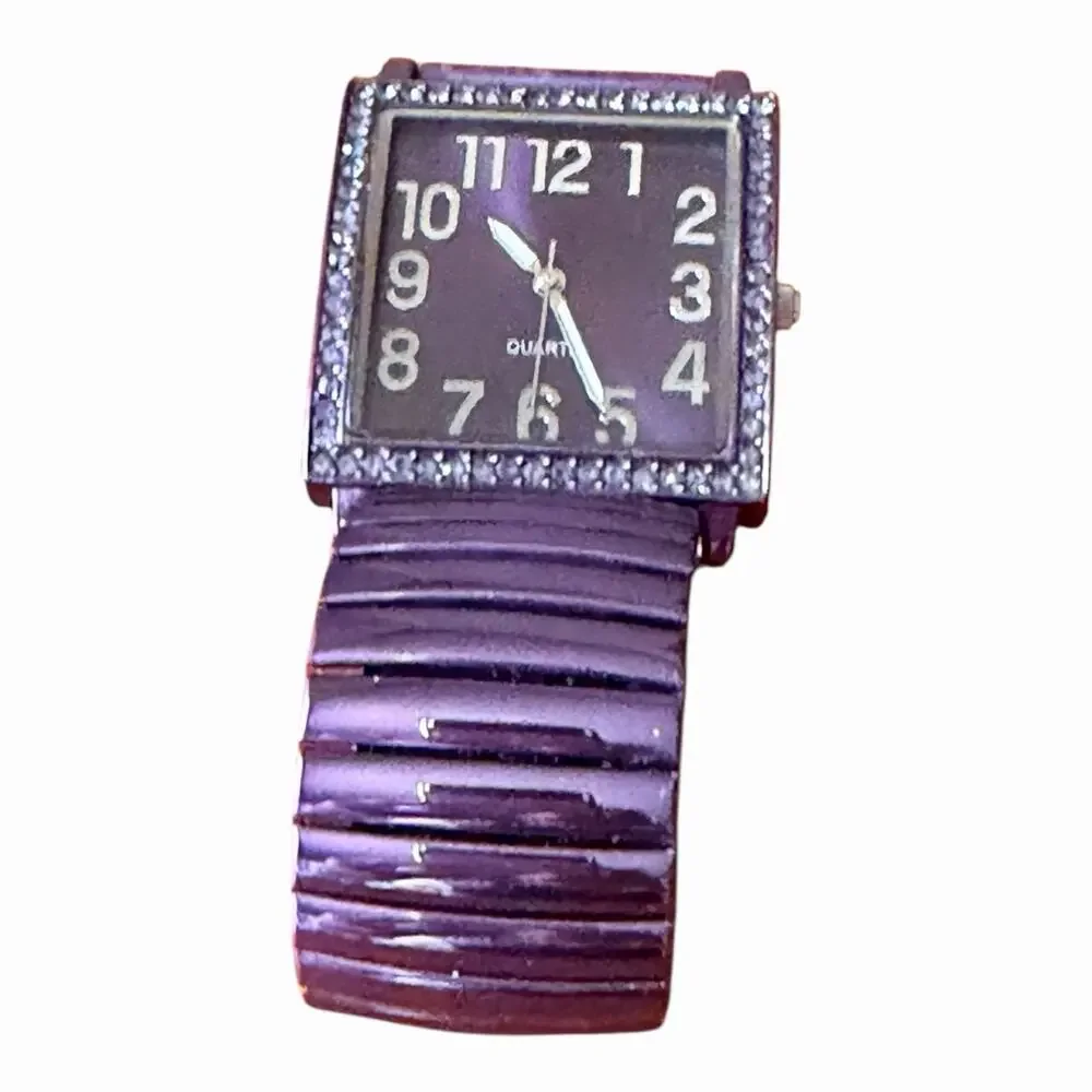 Avon Metallic Purple Stretch Band Rhinestone Bracelet Watch Rectangular Quartz